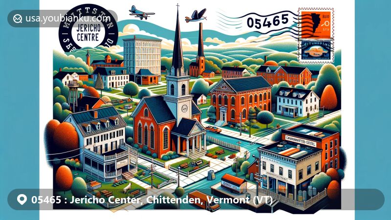 Modern illustration of Jericho Center, Chittenden, Vermont, featuring historic district showcasing architectural styles from 1800 to 1920, Federal style and Italianate Revival church, iconic 19th-century Chittenden Mills by Browns River, Town Green, community center, village store, postal elements like postcards, stamps, postmarks, and ZIP code 05465.