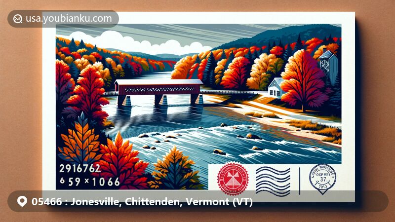 Modern illustration of Jonesville, Vermont, showcasing vibrant fall foliage and iconic covered bridge, framed as a postcard with postal theme and ZIP code 05466.