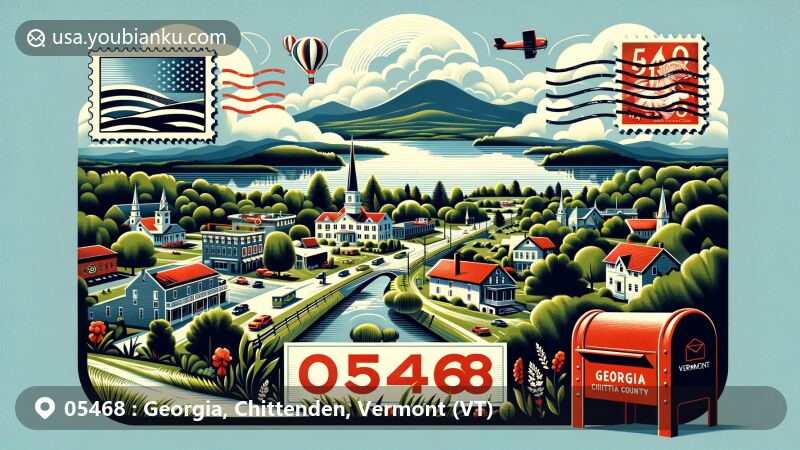 Modern illustration of Georgia, Vermont, with 05468 ZIP code, featuring picturesque small town setting, lush greenery, clear lake, and elements of nearby Burlington, highlighting postal themes with vintage postcard, stamps, postmark, and red mailbox.