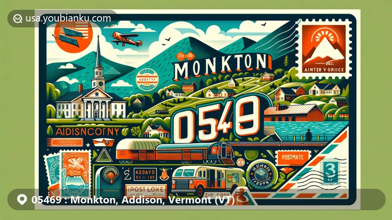 Modern illustration of Monkton, Addison County, Vermont (VT), showcasing postal theme with ZIP code 05469, featuring picturesque Green Mountains, Cedar Lake, and historical elements like iron mines from the War of 1812.