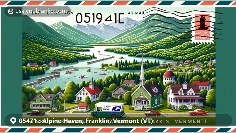Modern illustration of Alpine Haven, Franklin, Vermont, portraying postal theme with ZIP code 05471, showcasing Green Mountains, Lake Champlain, Emerald Lake State Park, and Vermont small-town charm.