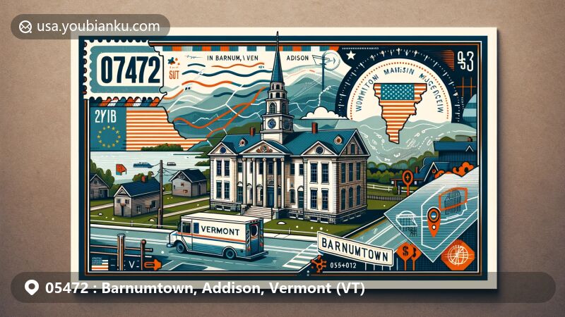 Modern postcard illustration of Barnumtown, Addison, Vermont, showcasing John Strong Mansion Museum and state symbols, with postal elements including stamp, postmark, and '05472', featuring American mailbox and van.
