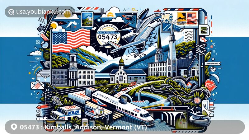 Modern illustration of Kimballs, Addison, Vermont, featuring postal theme with ZIP code 05473, showcasing Vermont state flag, Chimney Point State Historic Site, Snake Mountain Trail, stamps, postmark, mailbox, and postal van.