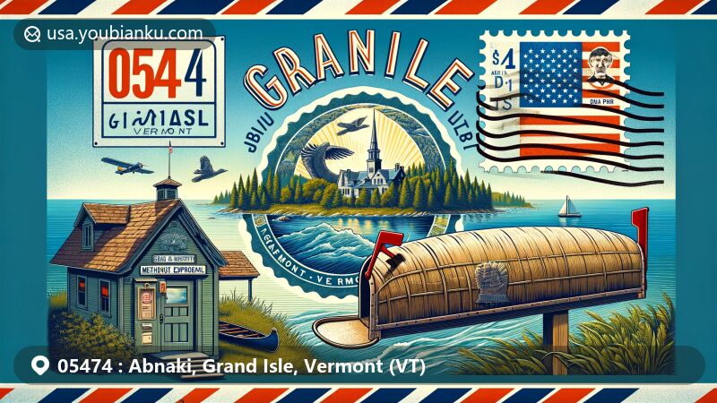 Modern illustration of Abnaki, Grand Isle, Vermont (VT), featuring vintage airmail envelope with postal stamp of Grand Isle State Park and Abenaki birch bark canoe, highlighting ZIP code 05474 and Vermont state symbols.