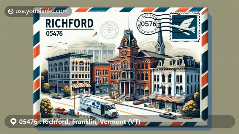 Modern illustration of Richford, Vermont, featuring postal theme with ZIP code 05476, showcasing Downtown Richford Historic District, U.S. Border Station, and War Memorial, creatively blended with postal elements like postmark, mailbox, and mail van.