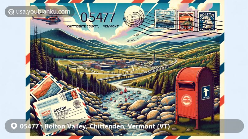 现代插图展示了代表美国邮政编码05477的佛蒙特州奇滕登县博尔顿山谷风景，描绘了乡村和多岩石的地形，流经温努斯基河，并展示了博尔顿山谷滑雪区的滑雪坡和缆车，背景中还有邮政通信元素如航空邮件信封、05477邮票、邮戳和红色邮筒。