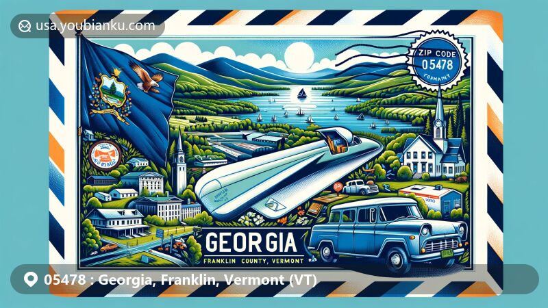 Modern illustration of Georgia, Franklin County, Vermont, representing ZIP code 05478, showcasing Lake Champlain, Lamoille River, and lush landscapes, integrating Vermont state flag, featuring vintage airmail elements.