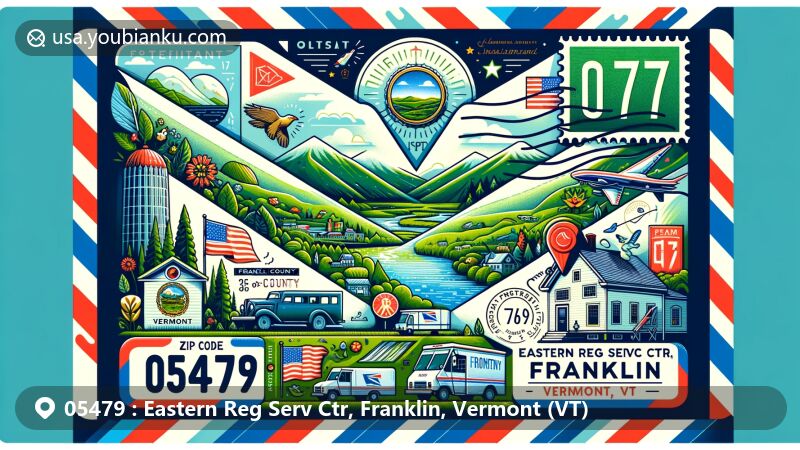 Creative illustration depicting Vermont and Franklin County with ZIP code 05479, featuring state symbols, green mountains, forests, rural landscapes, postal elements like stamps and vintage postal truck.
