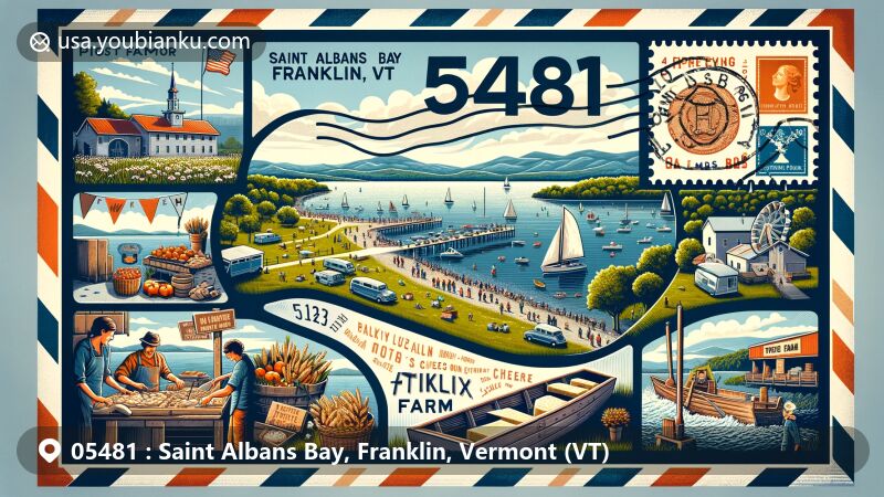 Modern illustration of Saint Albans Bay, Franklin County, Vermont, featuring Lake Champlain's natural beauty and fishing opportunities, Taylor Park's farmers' market with local products, Twig Farm's artisanal cheeses, Vermont state flag, and postal theme with ZIP code 05481.