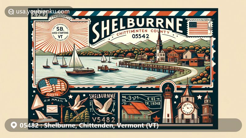 Modern illustration of Shelburne, Chittenden County, Vermont, showcasing postal theme with ZIP code 05482, featuring scenic Lake Champlain, Chittenden County outline, and Vermont state symbols.