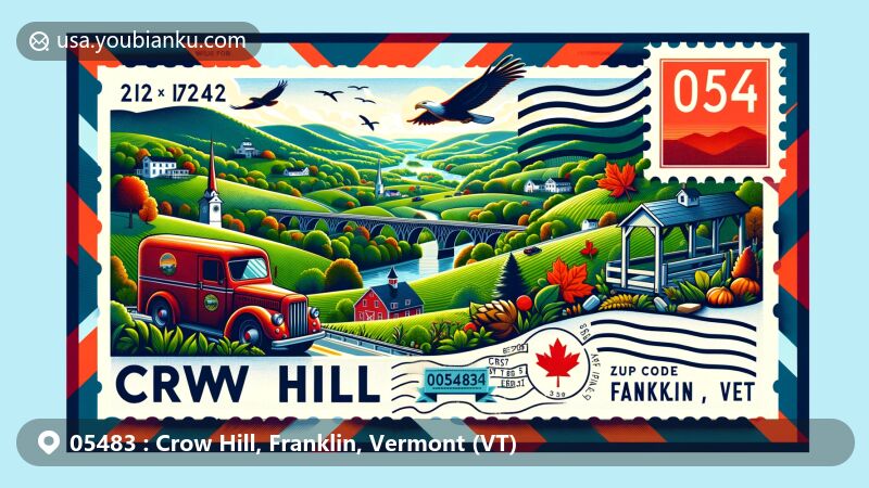 Vibrant illustration of Crow Hill, Franklin County, Vermont, capturing the essence of ZIP code 05483 with iconic Vermont symbols like maple leaves, syrup, covered bridge, and postal elements in retro postcard layout.