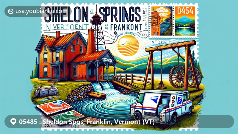 Modern illustration of Sheldon Springs, Franklin County, Vermont, featuring historic 1911 brick pumping station, mysterious rope swing with ghost story, and tranquil waterscape reflecting local geographical features.