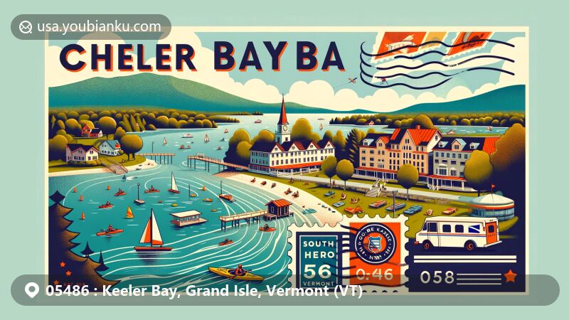 Modern illustration of Keeler Bay area in Grand Isle County, Vermont, showcasing scenic bay views, lake activities, and postal theme with ZIP code 05486, featuring South Hero Inn.