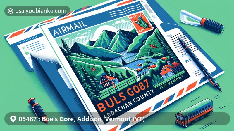 Modern illustration of Buels Gore, Addison County, Vermont (VT), highlighting postal theme with ZIP code 05487, featuring Green Mountains, Appalachian Gap, and Mad River Glen landmarks, incorporating postmark and stamp elements.