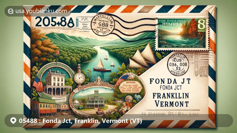 Modern illustration of Fonda Jct, Franklin, Vermont, highlighting vintage air mail envelope with postcard collage depicting Missisquoi River, St. Albans Museum, Champlain Hotel, and Hazen Tree, adorned with custom Vermont stamp and ZIP code 05488 postmark.