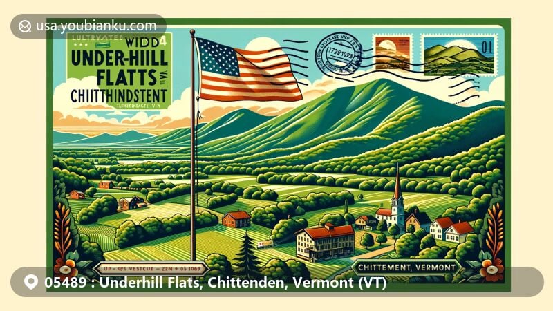 Modern illustration of Underhill Flats, Chittenden, Vermont, featuring iconic Green Mountains, Vermont state flag, rural landscape, vintage air mail envelope border, and ZIP code 05489.