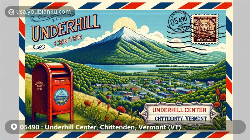 Illustration of Underhill Center, Chittenden, Vermont (VT), in postal theme with ZIP code 05490, featuring Mount Mansfield, red post office mailbox, and vintage postage elements, combining natural beauty and postal tradition in modern art style.