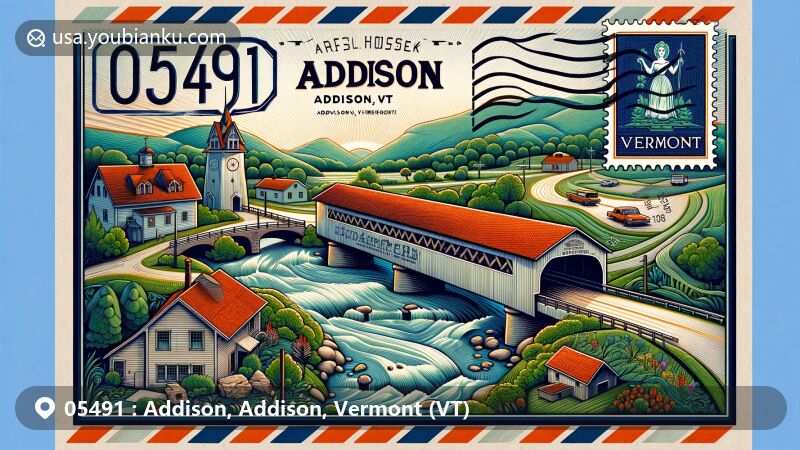 Modern illustration of Addison, Addison, Vermont, showcasing iconic covered bridge and cultural elements, featuring airmail envelope design with Vermont state flag, postmark '05491 Addison, VT', and picturesque rural landscapes.