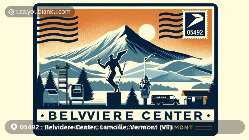 Modern illustration of Belvidere Center, Lamoille County, Vermont, capturing the essence of postal theme with ZIP code 05492, showcasing Belvidere Mountain and Cold Hollow Sculpture Park.