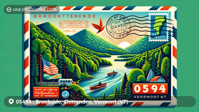 Modern illustration of Brookside, Chittenden, Vermont, showcasing vintage airmail envelope with ZIP code 05494, featuring Chittenden Reservoir, Green Mountains, Vermont state flag, and forest landscape.