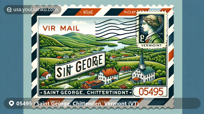Modern illustration of Saint George, Chittenden County, Vermont, highlighting postal theme with ZIP code 05495, featuring rural landscape, quaint houses, and symbols reflecting Vermont's essence.