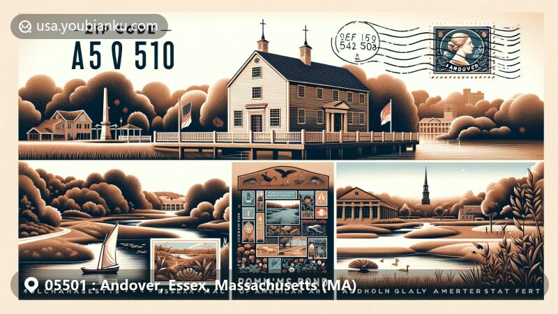 Modern illustration of Andover, Essex County, Massachusetts, showcasing historic Benjamin Abbott farmhouse, Addison Gallery of American Art, Pomps Pond, and Harold Parker State Forest, with prominent ZIP code 05501 and Massachusetts state flag elements.