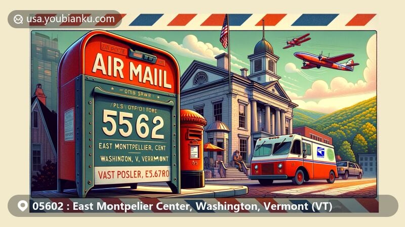现代插画作品，展示了邮政主题的明信片，特写佛蒙特州华盛顿县东蒙彼利埃中心，邮政编码05602，特色有悬挂的Marengo Cave和印第安纳州象征。