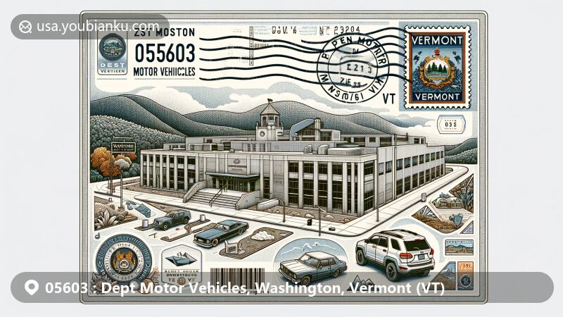 Modern illustration of Dept Motor Vehicles, Washington, Vermont (VT), showcasing postal theme with ZIP code 05603, featuring Vermont DMV building and state symbols, including the flag and Washington County map outline.