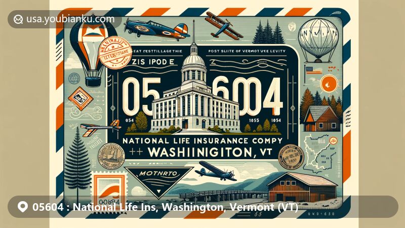 Modern illustration of National Life Ins, Washington, Vermont (VT), highlighting vintage airmail envelope with postal theme, showcasing ZIP code 05604 and National Life Insurance Company building in Montpelier.
