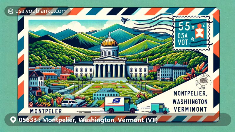 Modern illustration of Montpelier, Washington County, Vermont, showcasing Vermont State House and natural beauty with green mountains and Winooski River, featuring postal elements and ZIP code 05633.