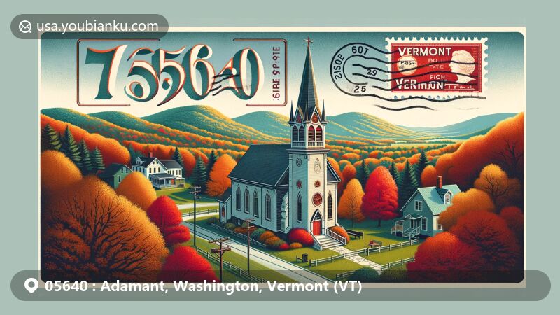 Modern illustration of Adamant, Washington County, Vermont, with ZIP code 05640, showcasing Old West Church surrounded by autumn foliage, designed as a vintage postcard with postal elements.