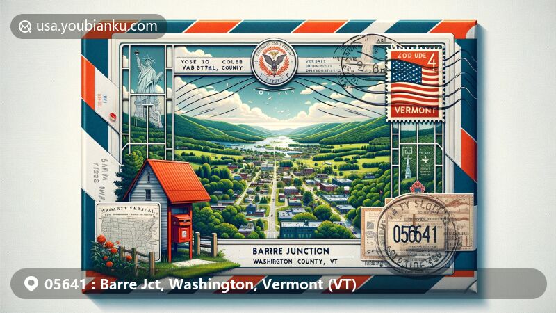 Modern illustration of Barre Junction, Washington County, Vermont, featuring vintage airmail envelope with window showcasing lush greenery, landmarks, Vermont state flag stamp, and red mailbox, emphasizing postal theme with ZIP code 05641.