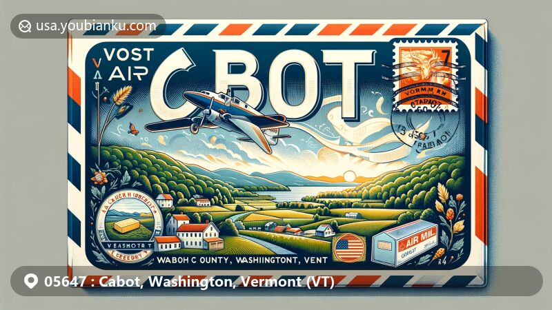 Modern illustration of Cabot, Washington County, Vermont, depicting a large air mail envelope showcasing '05647' ZIP Code, featuring local charm, natural beauty, Cabot Creamery, Vermont state elements, and vintage postal motifs.