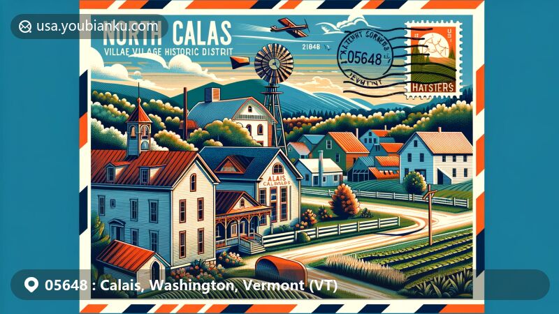 Modern illustration of Calais area in Vermont with postal theme for ZIP code 05648, featuring elements of North Calais Village Historic District and Kents Corner Historic District, showcasing 19th-century mill village and crossroads town charm, including timber-framed residences and Greek Revival-style buildings, blending Calais' natural beauty and agricultural scenes, highlighting rural and historical charm of the region.