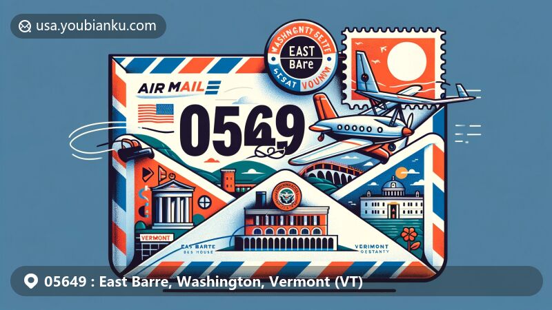 Modern illustration of East Barre, Washington County, Vermont, featuring airmail envelope design with ZIP code 05649, showcasing East Barre Dam, Barre Opera House, and Vermont Granite Museum.