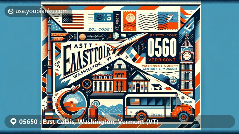 Modern illustration of East Calais, Washington, Vermont (VT), showcasing postal theme with ZIP code 05650, featuring Kents Corner Historic District and Ndakinna Cultural Center & Museum, adorned with Vermont state flag and Washington County map silhouette.