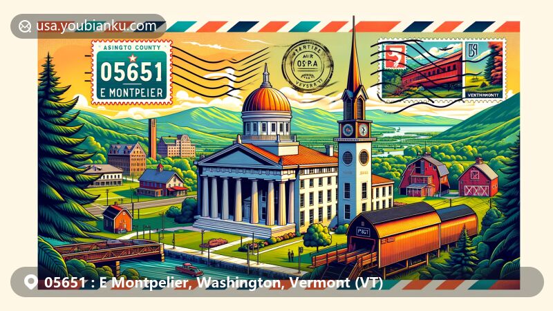Modern illustration of E Montpelier, Vermont showcasing landmarks like Vermont Statehouse and Hubbard Park Tower, along with Morse Farm Maple Sugarworks and Coburn Covered Bridge. Postal elements include vintage stamp, postmark, and classic mailbox with ZIP code 05651.