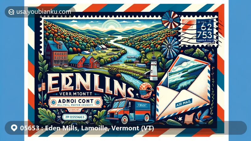 Modern illustration of Eden Mills, Lamoille County, Vermont, showcasing picturesque landscape and landmarks, incorporating airmail envelope design with Vermont state flag and postal elements.