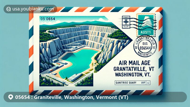 Modern illustration of Graniteville, Vermont, featuring Rock of Ages E.L. Smith Quarry with turquoise water pool, postal elements, and postal code 05654.