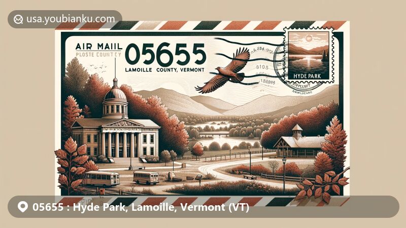 Modern illustration of Hyde Park, Lamoille County, Vermont, depicting postal theme with ZIP code 05655, showcasing courthouse, fall foliage, Green River Reservoir, and Vermont's natural beauty.