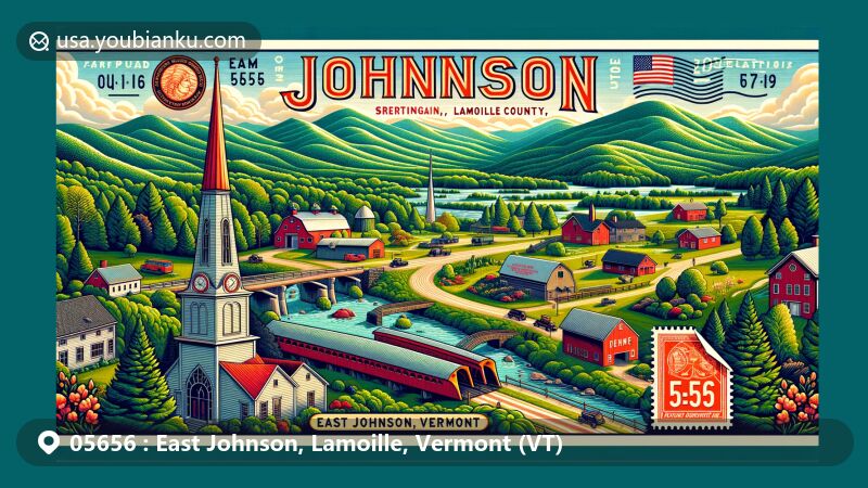Modern illustration of East Johnson, Lamoille County, Vermont (VT), featuring key landmarks Butternut Mountain, Sterling Mountain, Johnson Woolen Mills, and iconic covered bridges Scribner and Powerhouse, with the scenic Green Mountains as backdrop. Includes Vermont state symbols and postal elements with ZIP code 05656.