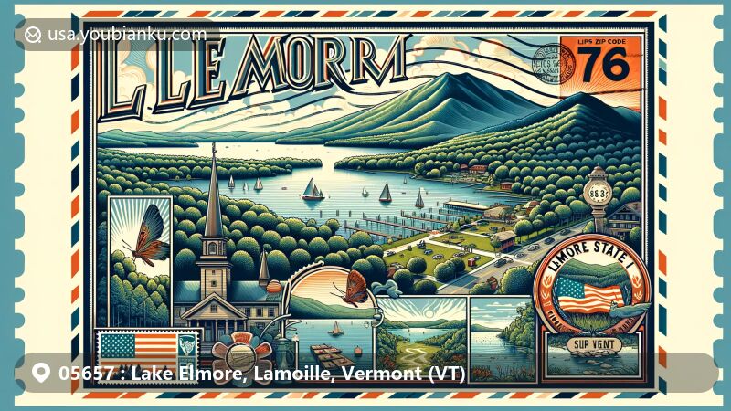 现代插图，展示了佛蒙特州拉莫伊尔县Lake Elmore地区的邮政主题，以219英亩的风景如画湖泊和Elmore State Park为背景。插图还包括Elmore Mountain和佛蒙特州旗风格化描绘，以及复古航空邮件信封设计和郵戳05657。