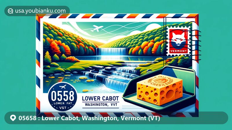 Colorful illustration of Lower Cabot, Washington, Vermont, showcasing Molly's Falls Pond, Cabot cheddar cheese, and vibrant fall foliage in a scenic air mail envelope with Vermont state flag stamp and '05658 Lower Cabot, VT' postmark.