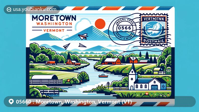 Modern illustration of Moretown, Washington, Vermont (VT), highlighting postal theme with ZIP code 05660, depicting tranquil rural scenery, river, mountains, farm landscape, and iconic town building.
