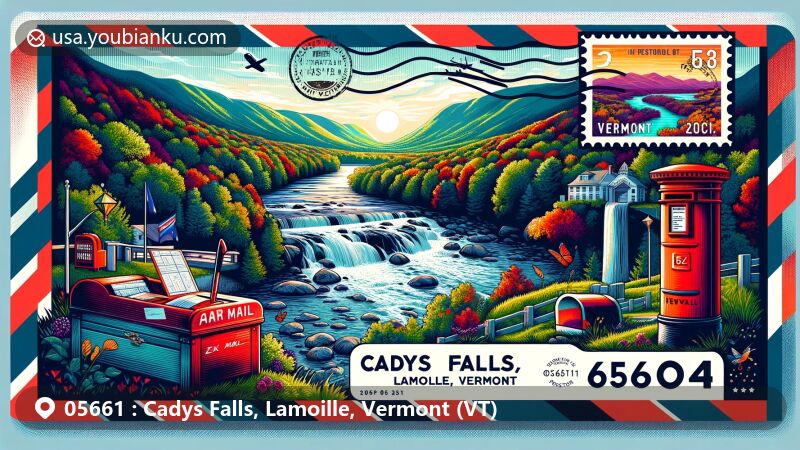 Modern illustration of Cadys Falls region in Lamoille, Vermont, styled as a colorful postcard or air mail envelope with ZIP Code 05661, showcasing the beauty of Lamoille River and natural scenery, featuring Vermont state flag and postal service elements.