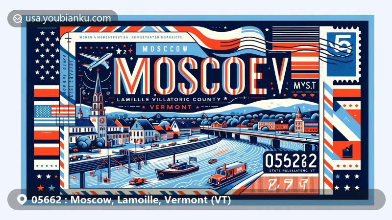 Modern illustration of Moscow, Lamoille County, Vermont, capturing scenic beauty of Moscow Village Historic District along Little River, incorporating Vermont state elements and postal motif including '05662' postmark, postage stamp, and postbox/mail truck.