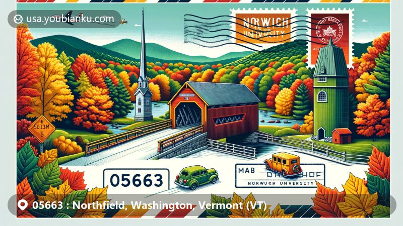 Modern illustration of the autumn foliage in Vermont, showcasing Stony Brook Covered Bridge, Green Mountains, and Norwich University, designed as an airmail envelope or postcard with postal elements for ZIP code 05663.