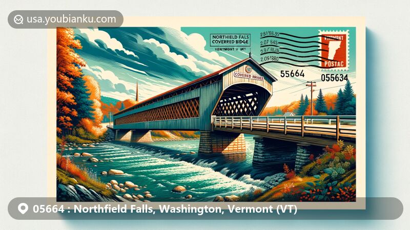 Modern illustration of Northfield Falls, Vermont, highlighting the iconic Northfield Falls Covered Bridge built in 1872 with Town lattice truss design, set amidst lush greenery and autumn foliage, showcasing postal theme with ZIP code 05664.