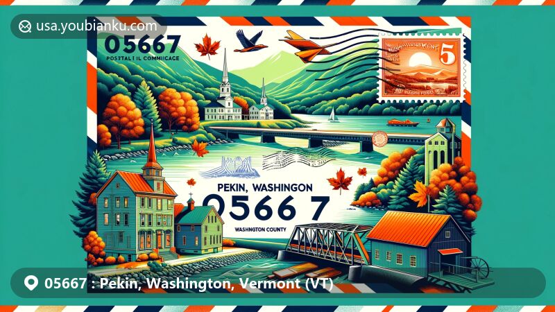 Vintage illustration of Pekin, Washington, Vermont, showcasing postal theme with ZIP code 05667, featuring historic buildings, maple trees, and covered bridges.