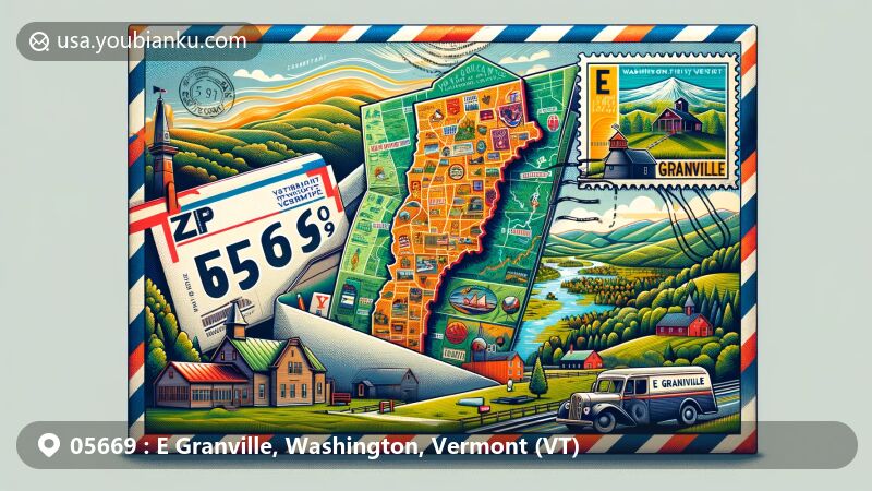 Modern illustration of E Granville, Washington County, Vermont, featuring vintage airmail envelope with ZIP code 05669, showcasing local landmarks and state symbols in vibrant collage.
